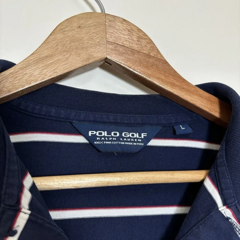 Vintage Polo Ralph Lauren Golf T Shirt Collared Navy Blue Size L Striped Mens